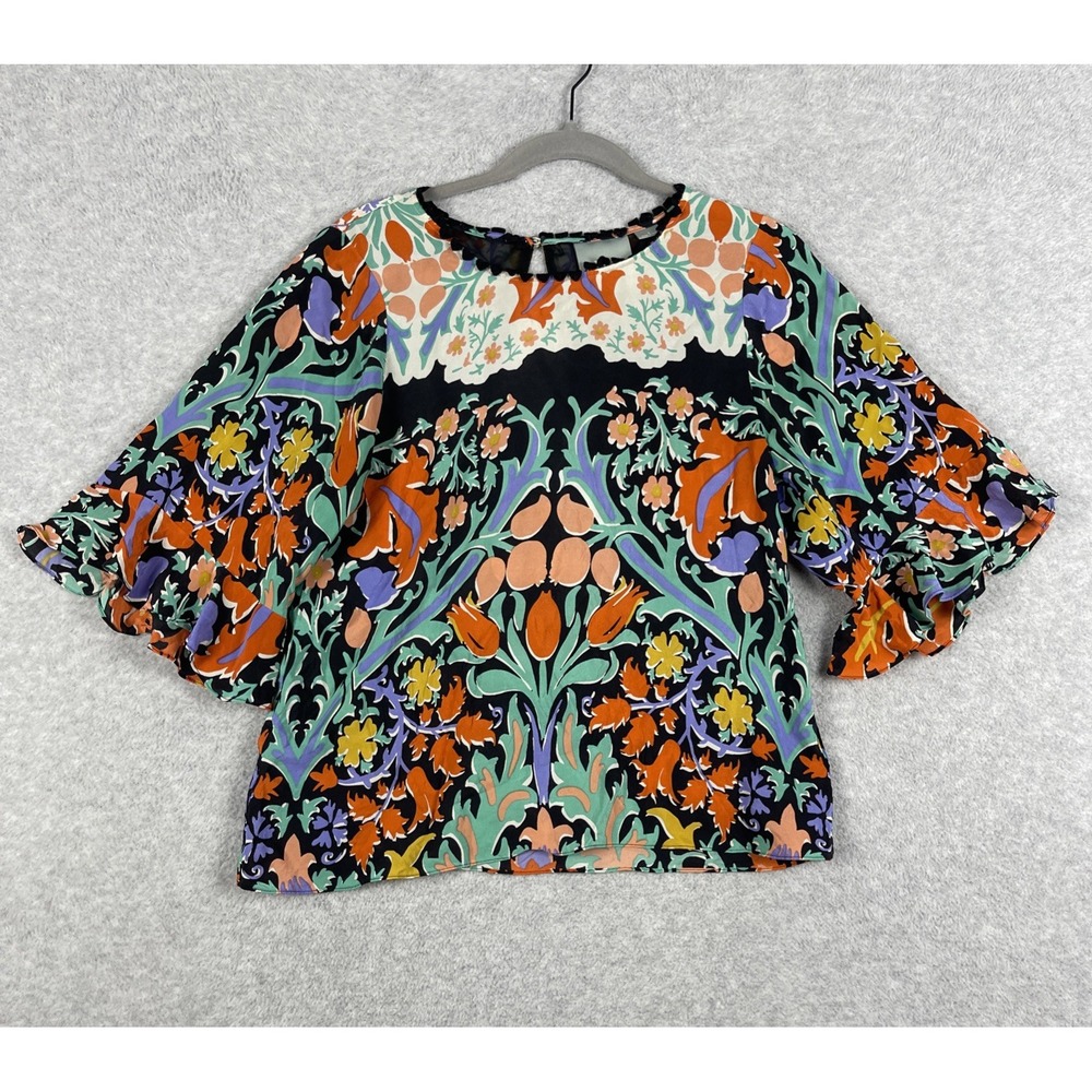 Maeve Anthropologie Floral Silk Ruffle Sleeve Blouse Womens Size 4 Boho Romantic